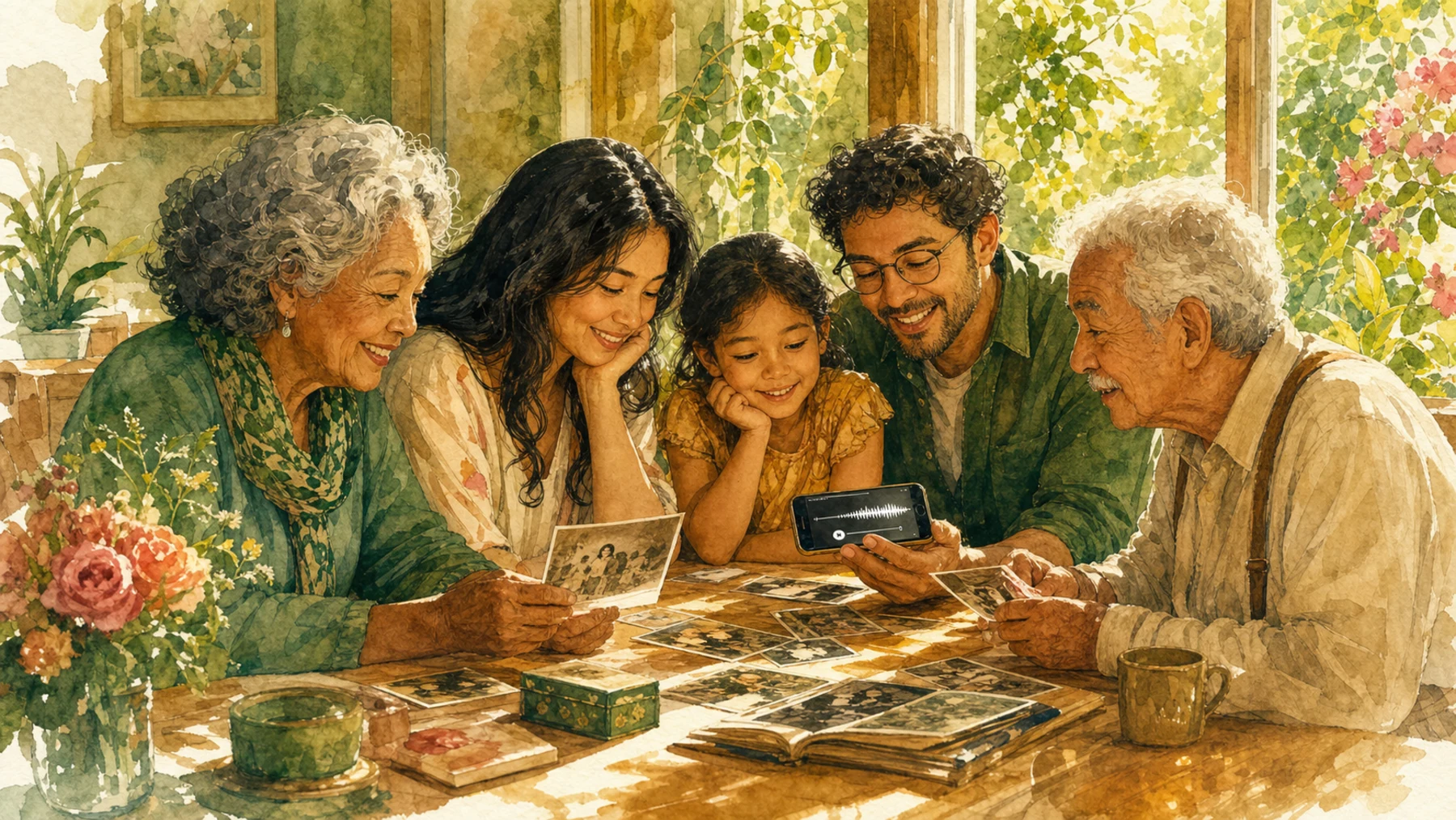 Three generations gathered around family photos and a voice note