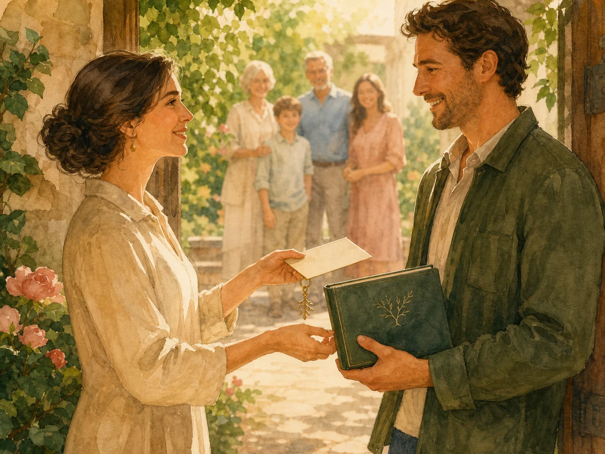 A trusted family invitation being received at a warm garden doorway