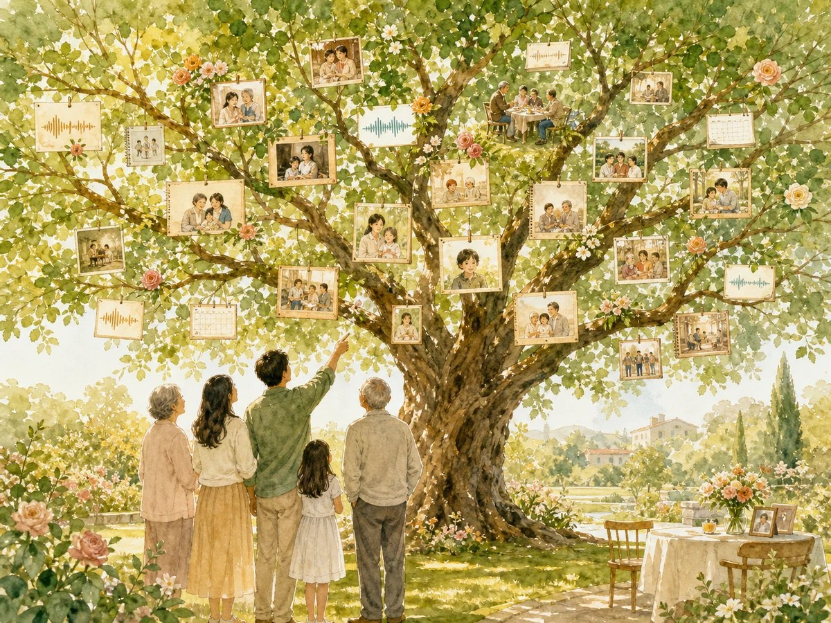 A watercolor family tree holding photos, voice notes, and calendar memories