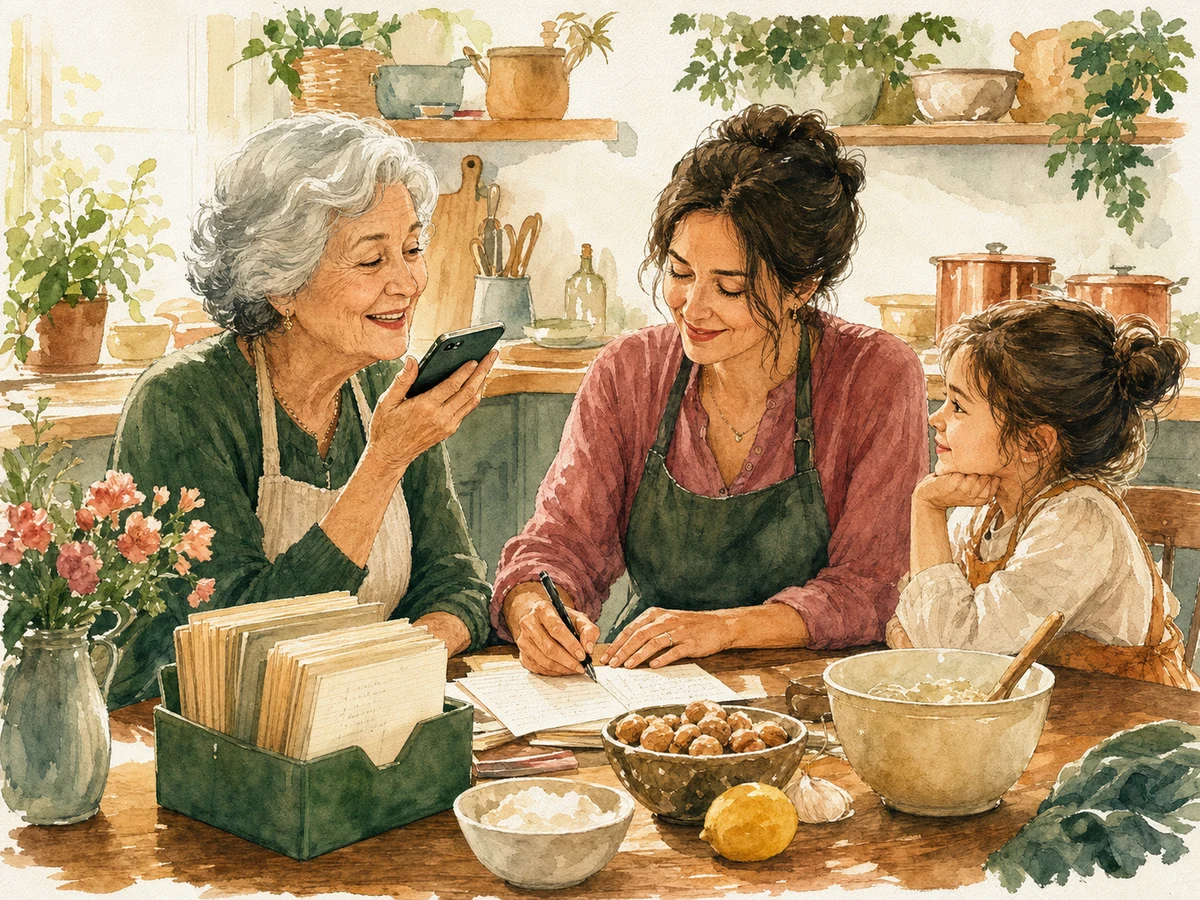 A grandmother recording a recipe voice note with family listening